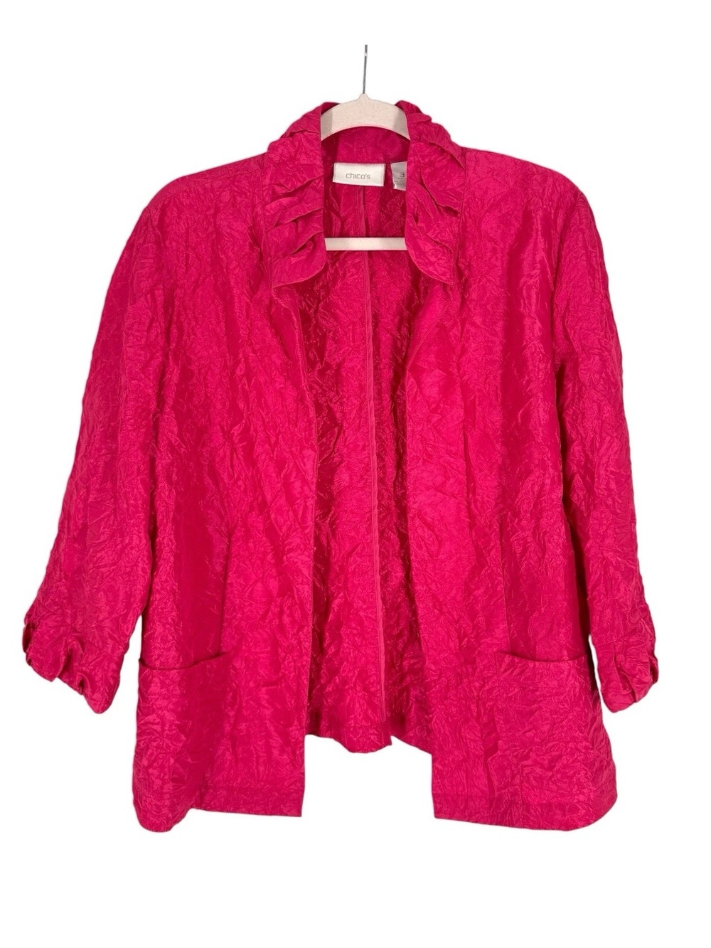 Chicos Crinkle Blazer Jacket Size 3 Fuchsia Pink 3/4 Sleeve Topper Womens XL